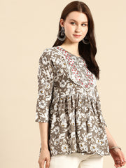 Brown Embroidered Floral Print Peplum Top