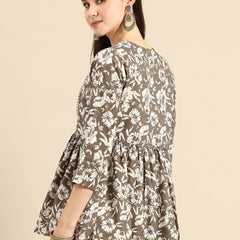Brown Embroidered Floral Print Peplum Top