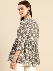 Brown Embroidered Floral Print Peplum Top