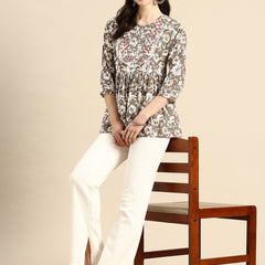 Brown Embroidered Floral Print Peplum Top
