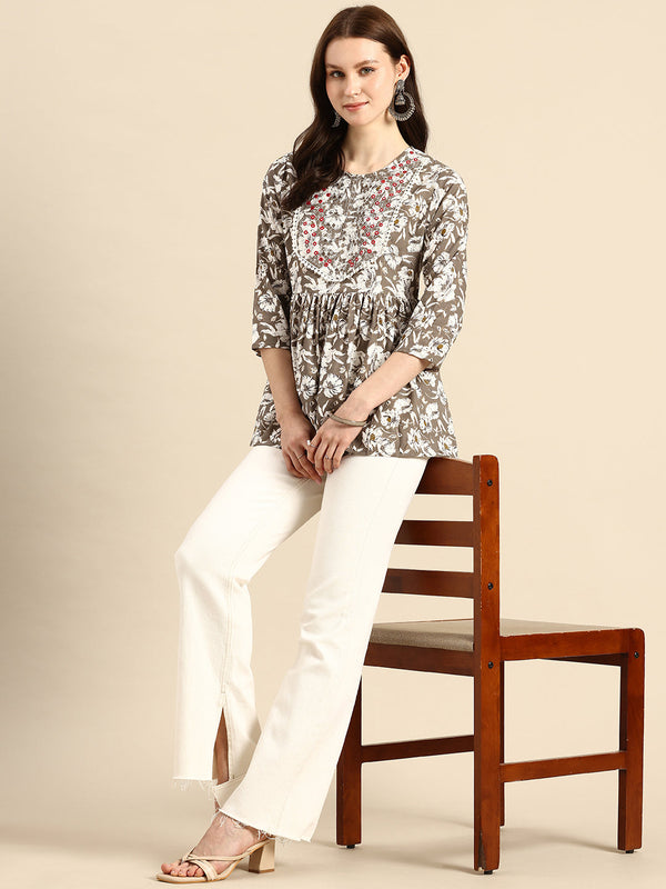 Brown Embroidered Floral Print Peplum Top