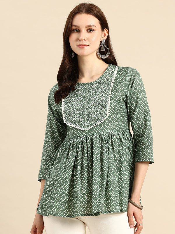 Pure Cotton Embroidered Ethnic Print Peplum Top