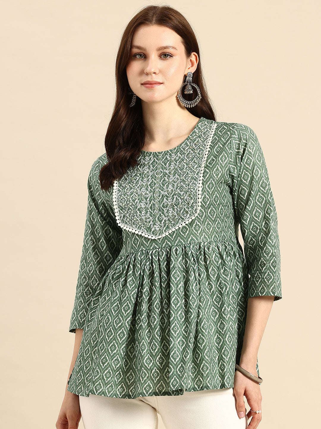 Pure Cotton Embroidered Ethnic Print Peplum Top