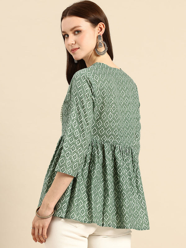Pure Cotton Embroidered Ethnic Print Peplum Top