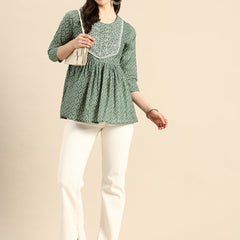 Pure Cotton Embroidered Ethnic Print Peplum Top