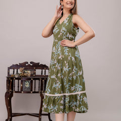 Green Floral Printed Tiered A-Line Midi Ethnic Dress