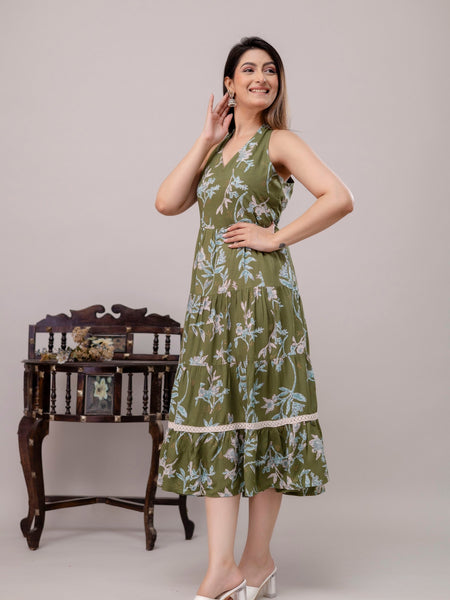 Green Floral Printed Tiered A-Line Midi Ethnic Dress