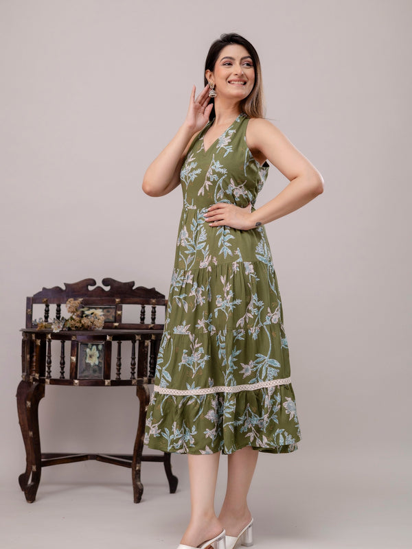 Green Floral Printed Tiered A-Line Midi Ethnic Dress