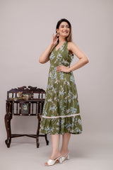 Green Floral Printed Tiered A-Line Midi Ethnic Dress