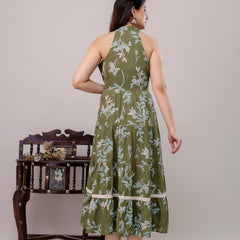 Green Floral Printed Tiered A-Line Midi Ethnic Dress