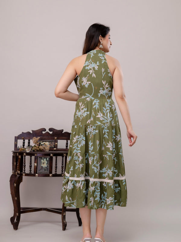Green Floral Printed Tiered A-Line Midi Ethnic Dress