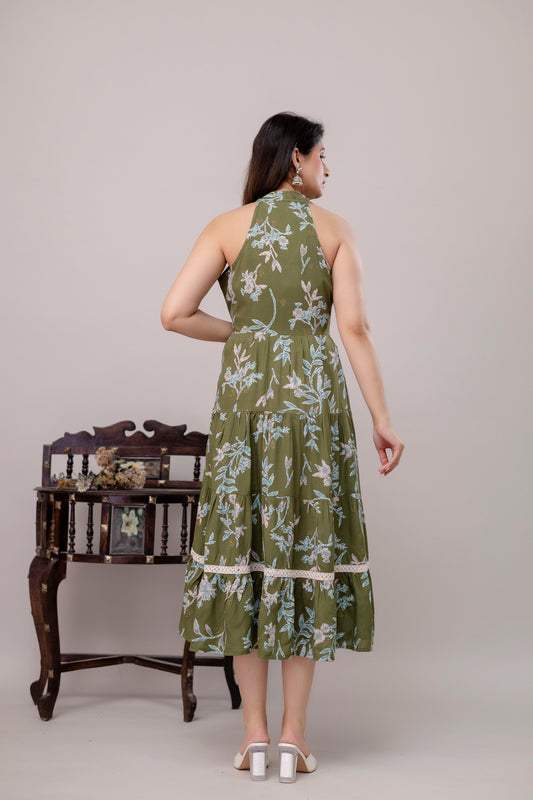 Green Floral Printed Tiered A-Line Midi Ethnic Dress