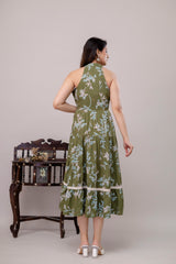 Green Floral Printed Tiered A-Line Midi Ethnic Dress