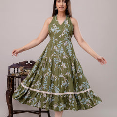 Green Floral Printed Tiered A-Line Midi Ethnic Dress