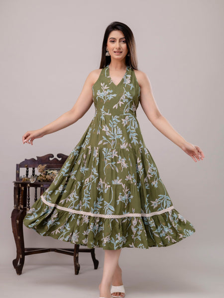 Green Floral Printed Tiered A-Line Midi Ethnic Dress