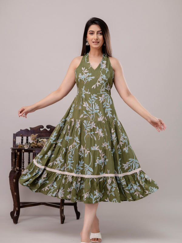Green Floral Printed Tiered A-Line Midi Ethnic Dress