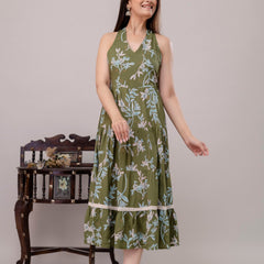 Green Floral Printed Tiered A-Line Midi Ethnic Dress