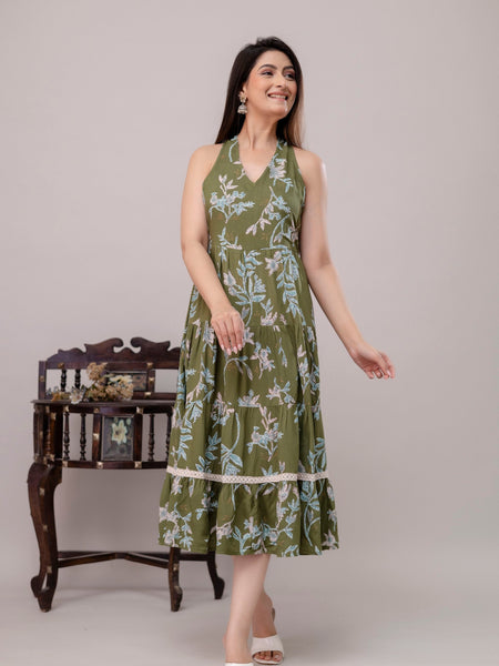 Green Floral Printed Tiered A-Line Midi Ethnic Dress