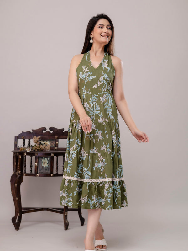 Green Floral Printed Tiered A-Line Midi Ethnic Dress