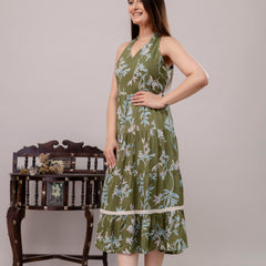 Green Floral Printed Tiered A-Line Midi Ethnic Dress