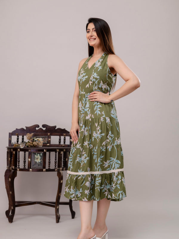 Green Floral Printed Tiered A-Line Midi Ethnic Dress