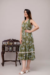 Green Floral Printed Tiered A-Line Midi Ethnic Dress