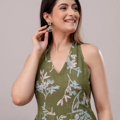 Green Floral Printed Tiered A-Line Midi Ethnic Dress