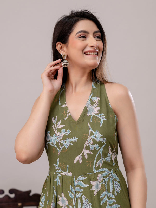 Green Floral Printed Tiered A-Line Midi Ethnic Dress