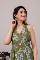 Green Floral Printed Tiered A-Line Midi Ethnic Dress