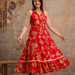Red Floral Printed Halter Neck Tiered Fit & Flare Midi Ethnic Dress