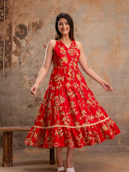 Red Floral Printed Halter Neck Tiered Fit & Flare Midi Ethnic Dress