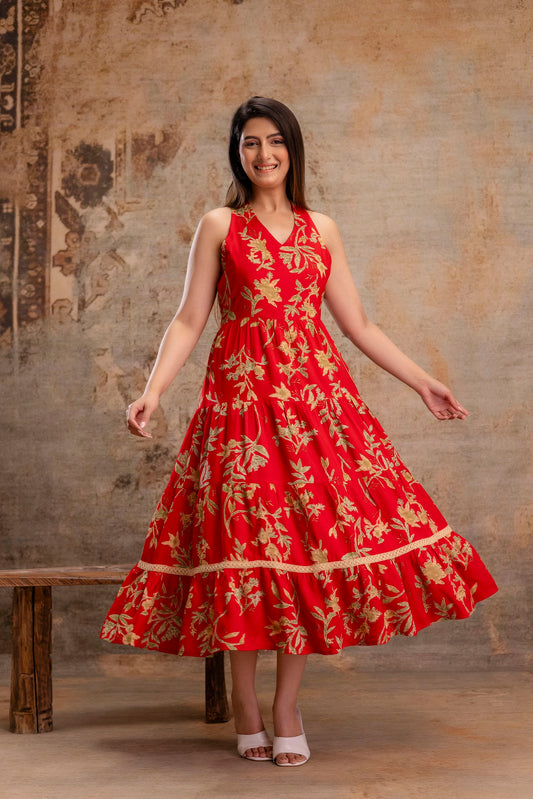 Red Floral Printed Halter Neck Tiered Fit & Flare Midi Ethnic Dress