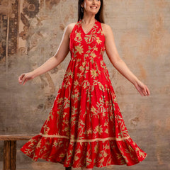 Red Floral Printed Halter Neck Tiered Fit & Flare Midi Ethnic Dress