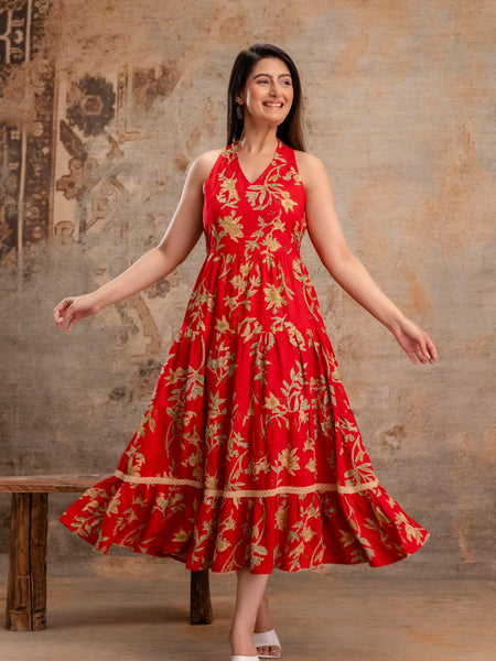 Red Floral Printed Halter Neck Tiered Fit & Flare Midi Ethnic Dress