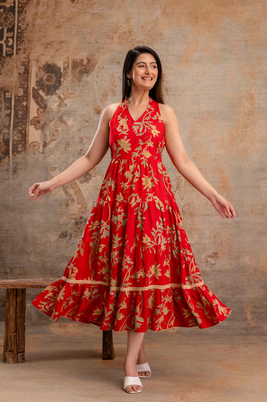 Red Floral Printed Halter Neck Tiered Fit & Flare Midi Ethnic Dress