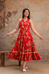 Red Floral Printed Halter Neck Tiered Fit & Flare Midi Ethnic Dress