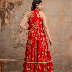 Red Floral Printed Halter Neck Tiered Fit & Flare Midi Ethnic Dress
