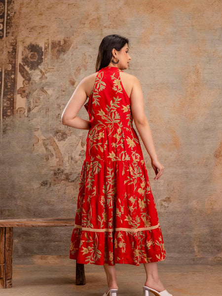 Red Floral Printed Halter Neck Tiered Fit & Flare Midi Ethnic Dress