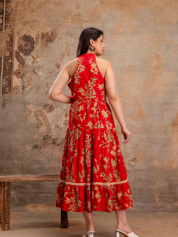 Red Floral Printed Halter Neck Tiered Fit & Flare Midi Ethnic Dress