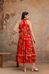 Red Floral Printed Halter Neck Tiered Fit & Flare Midi Ethnic Dress