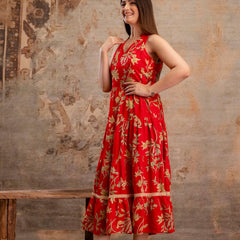 Red Floral Printed Halter Neck Tiered Fit & Flare Midi Ethnic Dress