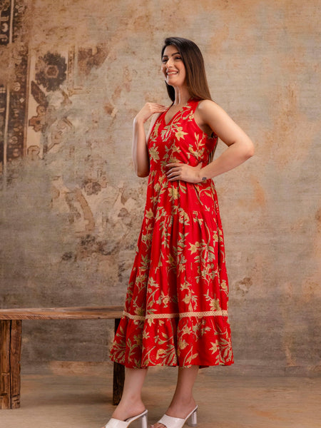 Red Floral Printed Halter Neck Tiered Fit & Flare Midi Ethnic Dress