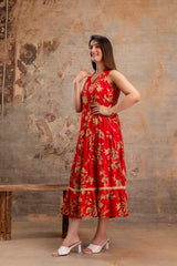 Red Floral Printed Halter Neck Tiered Fit & Flare Midi Ethnic Dress