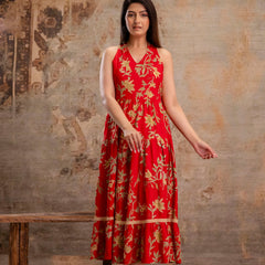 Red Floral Printed Halter Neck Tiered Fit & Flare Midi Ethnic Dress