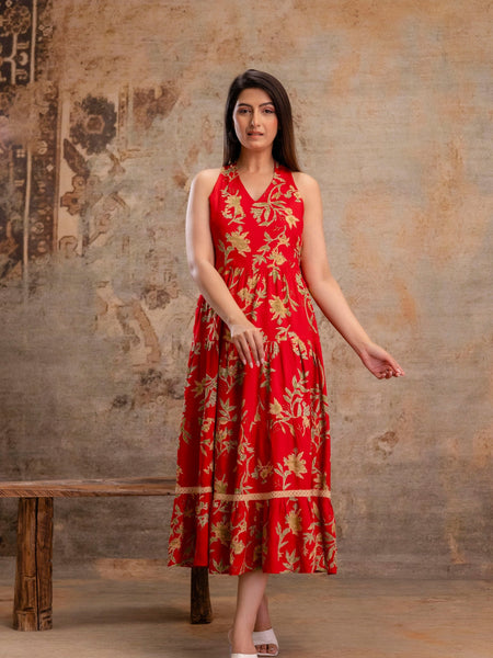 Red Floral Printed Halter Neck Tiered Fit & Flare Midi Ethnic Dress
