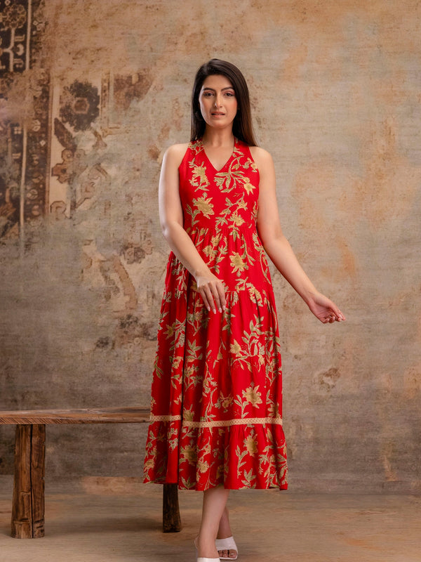 Red Floral Printed Halter Neck Tiered Fit & Flare Midi Ethnic Dress