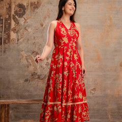 Red Floral Printed Halter Neck Tiered Fit & Flare Midi Ethnic Dress