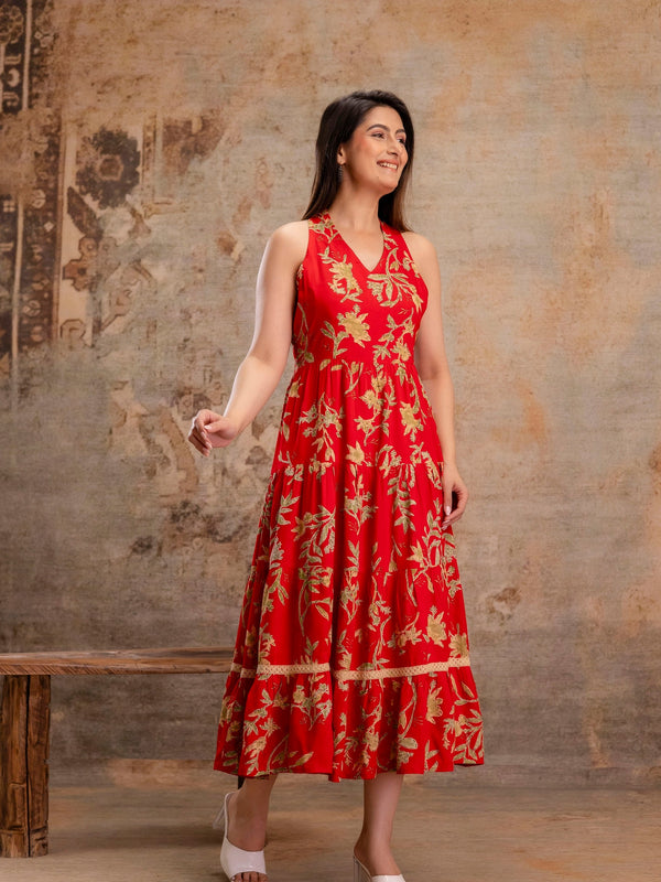 Red Floral Printed Halter Neck Tiered Fit & Flare Midi Ethnic Dress