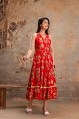 Red Floral Printed Halter Neck Tiered Fit & Flare Midi Ethnic Dress