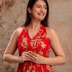 Red Floral Printed Halter Neck Tiered Fit & Flare Midi Ethnic Dress
